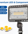 20W LED Flood Light Outdoor 2800 Lumens IP65 Waterproof Exterior Security Wall Light With 180 Degree Knuckle And 120V Aluminum Fixture