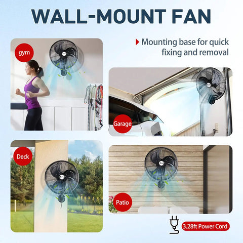 18 Inch Wall Mount Oscillating Fan With Aluminum Blades in gym, garage, deck, and patio settings for versatile indoor use.