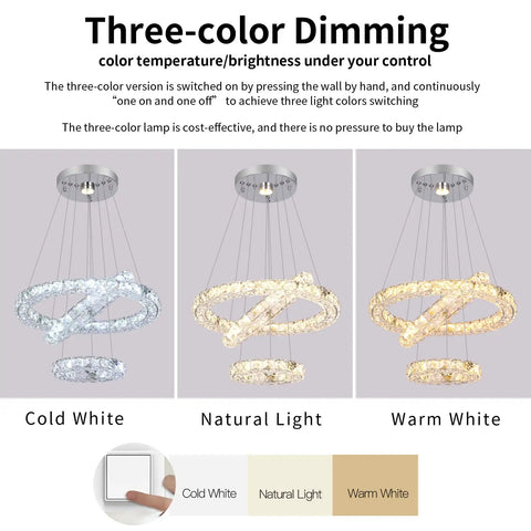 Three Ring Modern Crystal Flush Mount Chandelier With Changeable LED Color Temperature Adjustable 3 color options displayed