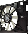 Plug And Swap Radiator Cooling Fan Assembly With Built In Motor Shroud And Bonus Coolant Tank Fits Toyota Prius C 2012 Through 2015 1.5L Hybrid side view showing fan and shroud components.