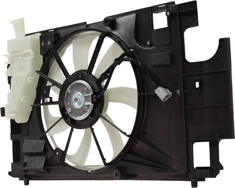 Plug And Swap Radiator Cooling Fan Assembly With Built In Motor Shroud And Bonus Coolant Tank Fits Toyota Prius C 2012 Through 2015 1.5L Hybrid side view showing fan and shroud components.
