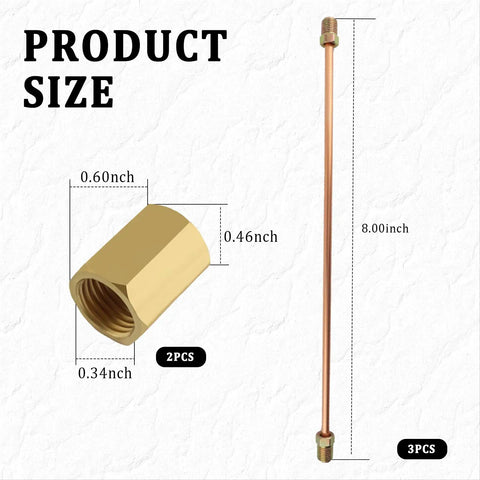 Three Sixteenth Inch Copper Nickel Brake Line Kit With Fittings And Union Couplings, 8-inch brake line and coupling dimensions shown