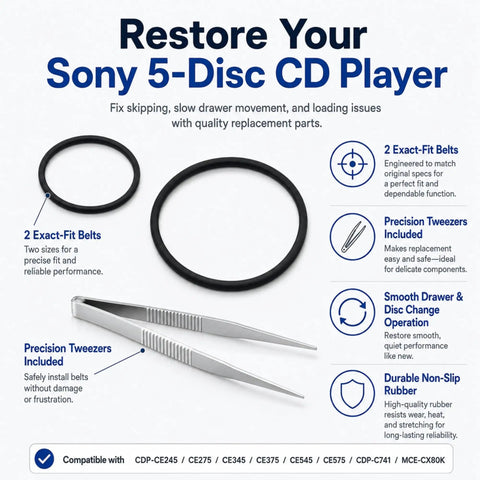 CD Player Belt Replacement Kit For Sony 5 Disc CDP CE245 CE275 CE345 CE375 CE545 CE575 CDP C741 MCE CX80K With Tweezers Durable Japanese Rubber Belts For Smooth Playback And Easy DIY Repairs, 2 belts and tweezers