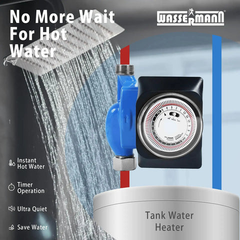 Instant Hot Water Recirculating Pump With Smart Timer Control And Heavy Duty Stainless Steel Head For Tank Water Heaters Easy Hook Up And Smooth Household Hot Water Circulation System Setup with timer and blue valve.
