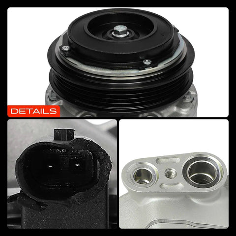 Top Notch AC Compressor With Clutch Fits Cadillac Escalade Models 2021 Through 2024 3.0L And 6.2L Engines close-up showing clutch and connections.