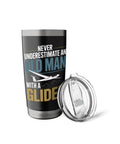 Sailplane Pilot Insulated Stainless Steel Tumbler For Glider Club Members And Aviation Fans, slogan and open lid shown