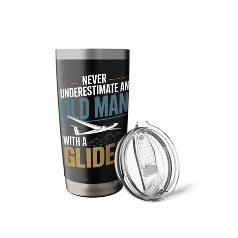 Sailplane Pilot Insulated Stainless Steel Tumbler For Glider Club Members And Aviation Fans, slogan and open lid shown
