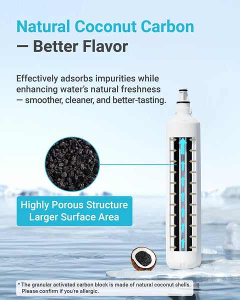 Visual of water filter replacement showing activated coconut carbon block structure for InSinkErator F 1000 F 2000 F 3000.