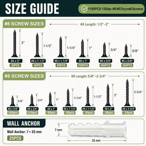 Drywall Screws Assortment Kit 1100 Pieces With Thirteen Sizes Size Six And Size Eight Black Phillips Wood Screws In Two And Three Quarter Inches Two Inches One And One Half Inches One And One Quarter Inches One Inch Three Quarter Inch Five Eighths Inch size guide with wall anchor