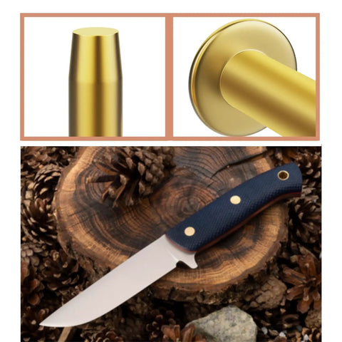 Brass Knife Handle Rivets 25 Piece Set for Knife Making High Strength 5/16 by 1/2 Inch Pins shown with finished knife on wood
