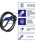Heavy Duty Steel Braided Loop Cable With Vinyl Wrap Seven Feet Long Five Eighth Inch Diameter Corrosion Protection Black Finish 5000 Lb Break Strength Industrial Grade Safety Cable For Lifting And Tie Downs, product features with measurements and icons.