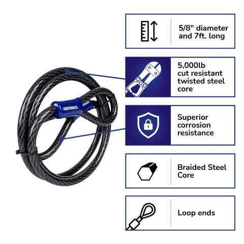 Heavy Duty Steel Braided Loop Cable With Vinyl Wrap Seven Feet Long Five Eighth Inch Diameter Corrosion Protection Black Finish 5000 Lb Break Strength Industrial Grade Safety Cable For Lifting And Tie Downs, product features with measurements and icons.