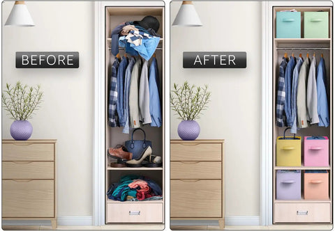 Before and after closet with 11 Inch Fabric Storage Cubes With Handles Sturdy Collapsible Bins Set Of 6 Foldable Baskets