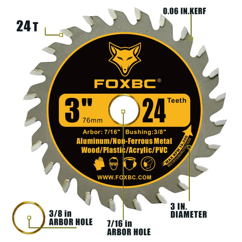 3 Inch Carbide Circular Saw Blade 24T for wood, plastic, PVC, acrylic, aluminum with 7/16 inch arbor and 3/8 inch bushing.