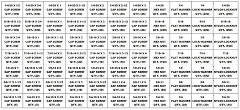 Label layout for All In One 5,170 Piece Grade Eight Coarse Thread Hex Bolts And Nuts Kit with quantities and sizes
