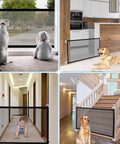 Retractable Dog And Baby Gate For Stairs And Doorways 43.3 Inches Wide 28.3 Inches High No Drilling Mesh Panel in various settings