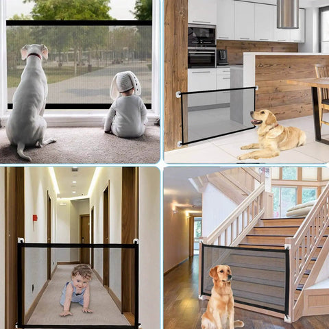 Retractable Dog And Baby Gate For Stairs And Doorways 43.3 Inches Wide 28.3 Inches High No Drilling Mesh Panel in various settings