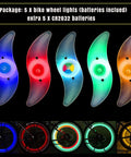Colorful LED Bike Wheel Lights Set, 5 Pack Waterproof Spoke Lights With Easy Install, showing three modes and color options.