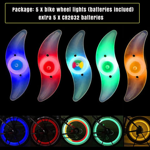 Colorful LED Bike Wheel Lights Set, 5 Pack Waterproof Spoke Lights With Easy Install, showing three modes and color options.