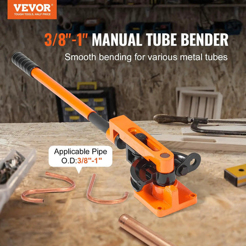 VEVOR Manual Pipe Tube Bender for 3/8 to 1 inch OD copper and aluminum lines with adjustable lever and copper bends.