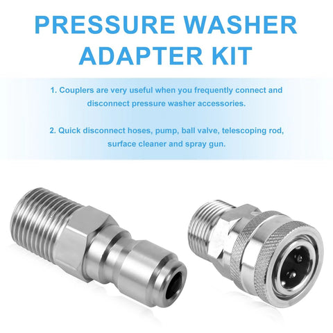 Two stainless steel 1/4in pressure washer adapters, side view with male and female quick-connect fittings