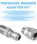 Front view of stainless steel 1/4 in pressure washer quick-connect adapters, male and female fittings.