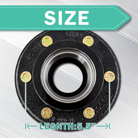 Front view: 6-bolt trailer hub flange with bearing bore, 5.5-inch length, black steel