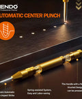 Automatic center punch tool on metal surface with spring-assisted system and knurled handle for easy, high-impact strikes