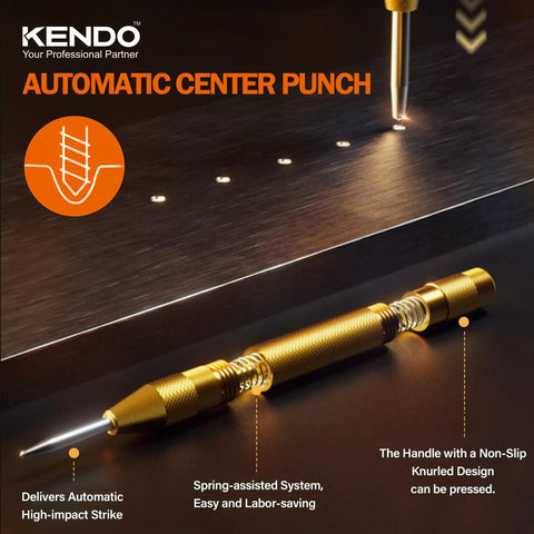 Automatic center punch tool on metal surface with spring-assisted system and knurled handle for easy, high-impact strikes