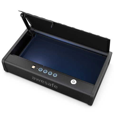 Open Biometric Gun Safe for Pistols with 3 Ways Quick Access Fingerprint Digital PIN and Key, portable UL1037 certified safe.