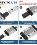 Two Pack 100mm MGN7 Linear Sliding Rail Guide in Bearing Steel installation steps with instructions for 3D printers and CNC machines.