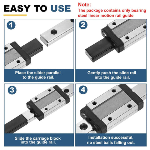 Two Pack 100mm MGN7 Linear Sliding Rail Guide in Bearing Steel installation steps with instructions for 3D printers and CNC machines.