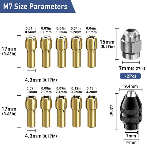Image of Pro Grade All Metal 3 Jaw Keyless Quick Change Rotary Tool Chuck Set with brass collets and M7 size parameters.