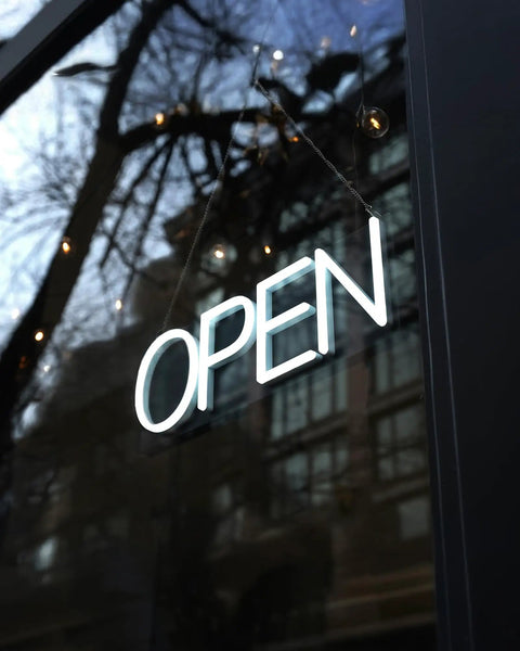 Lit White Neon Open Sign With Remote For Business Front Window Display 20x7 Inch LED Light Up Sign Plug In 12V Power Adapter