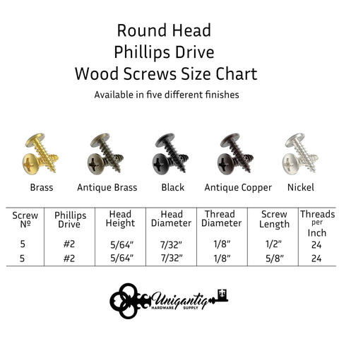Round Head Phillips Drive Wood Screws Size Chart with finishes: Brass, Antique Brass, Black, Antique Copper, Nickel.