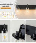 Close-up of Two Light Black Industrial Vanity Light Sconces With Clear Glass Shades for Bathroom Bedroom Living Room Vintage Farmhouse Wall Lighting, Easy Install With All Mounting Hardware Included