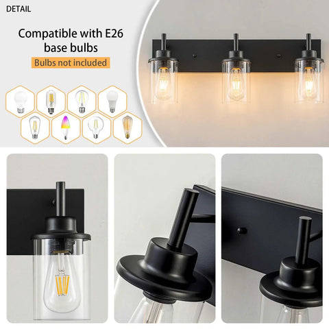 Close-up of Two Light Black Industrial Vanity Light Sconces With Clear Glass Shades for Bathroom Bedroom Living Room Vintage Farmhouse Wall Lighting, Easy Install With All Mounting Hardware Included