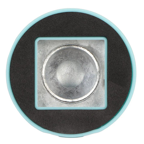 Top view of turquoise magnetic craft hole punch with precise positioning guide, ideal for DIY projects and rounding card edges.