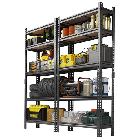 Hella Sturdy Heavy Duty Metal Shelving Rack With Five Adjustable Tiers For Garage And Workshop Storage filled with tools and supplies.