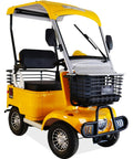 Heavy Duty 800W Electric Mobility Scooter For Adults And Seniors With Massive Trunk And Long Lasting Lithium Battery To Haul Gear And Cruise Side Streets Or Sandy Shores Hella Smooth Up To 18 Mph In Bright Yellow, front view showcasing seating and basket.