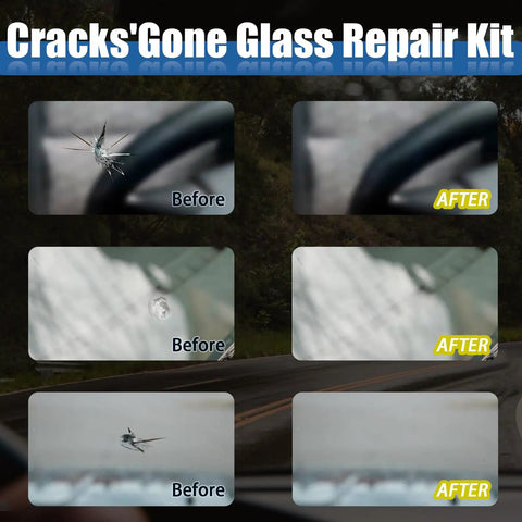 Windshield Repair Kit For Chips And Cracks With Nano Glass Repair Fluid showing before and after repair results on windshield