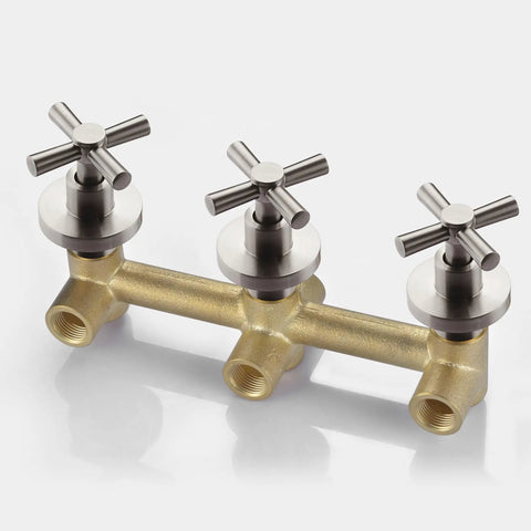 Three Handle Wall Mount Tub Faucet With Sprayer For High Flow Waterfall Bathtub Faucet Experience In Brushed Nickel brass valve body