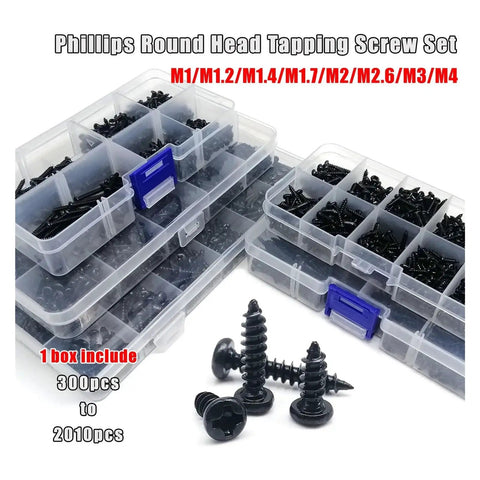 Heavy Duty Black Steel Micro Phillips Wood Screws Round Pan Head Self Tapping Hardware Kit with various sizes in storage boxes