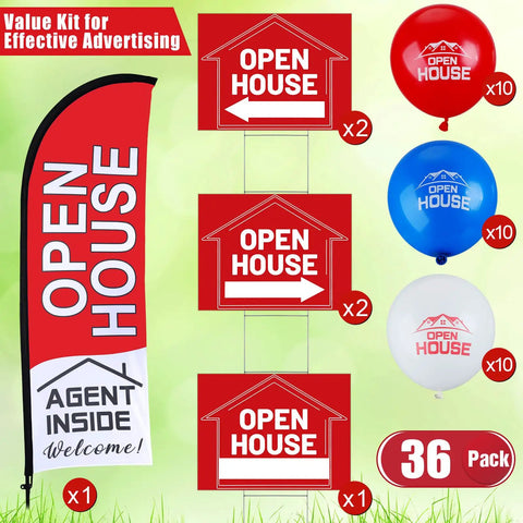 Open House Signs Kit With Flag And Poles 36 Piece Real Estate Yard Sign Set with directional arrows and balloons