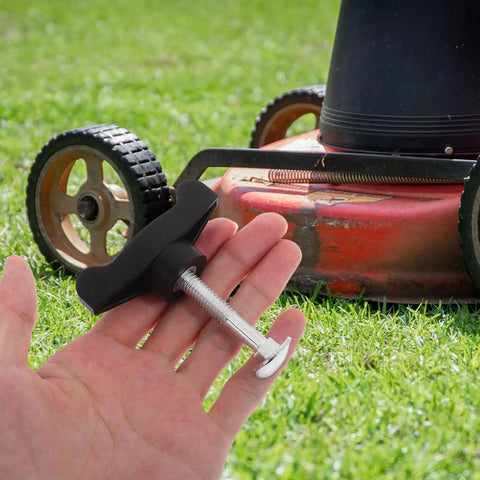 Upgrade Your Lawn Mower With These 4 Piece Handle Bolt Replacement Kit Featuring Durable Abs And Steel Wing Knob Screws For A Reliable Grip, Quick Release Design, And Smooth Adjustments Perfect For DIY Yard Work And Tough Maintenance Jobs. black steel mower handle bolt in hand