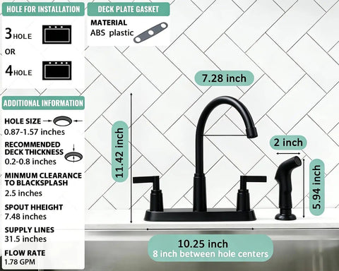 Two Handle Kitchen Sink Faucet With Side Sprayer And High Arc 360 Degree Swivel Dope Matte Black Stainless Steel Finish Fits 3 Or 4 Hole Installations Great For RV Camper Laundry Utility Bar Sinks showing dimensions.