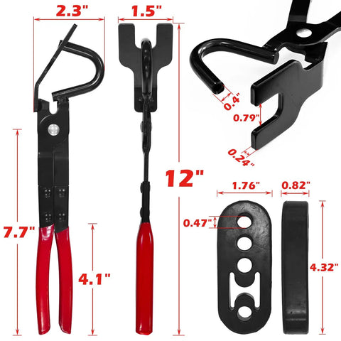 Professional Exhaust Hanger Removal Plier Tool Set With 4 Rubber Mounts For Universal Muffler Installation And Repair Jobs On Any Ride, 12 in steel