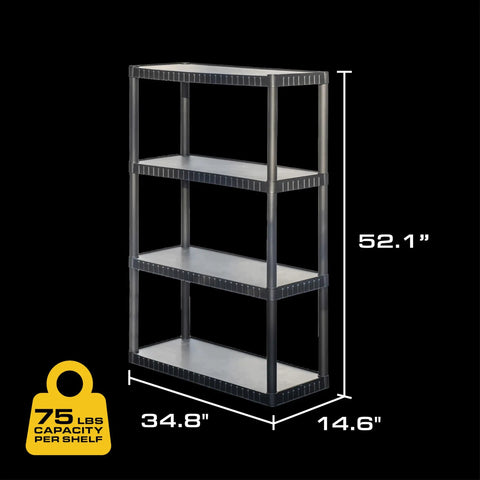 Hella Durable Heavy Duty Plastic Storage Shelves Featuring Four Tier Design And Seventy Five Pound Weight Limit For Badass Garage Organization Freestanding Indoor Outdoor Rack Black Setup with measurements.
