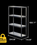 Badass 4 Tier Heavy Duty Plastic Storage Shelves For Garage Or Shed Use Black 2 Pack showing dimensions 52.1x34.8x14.6 inches.