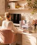 Rose Gold 4 Tier Desk File Organizer With 4 Letter Trays Vertical File Holder Sliding Drawer And 2 Pen Holders on white desk